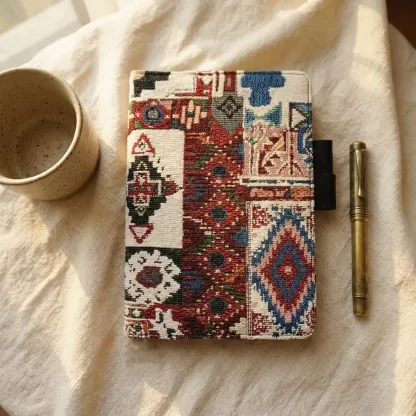 Top view of a classic ethnic woven planner sleeve fitting Hobonichi Cousin, accessorized with a vintage brass pen.