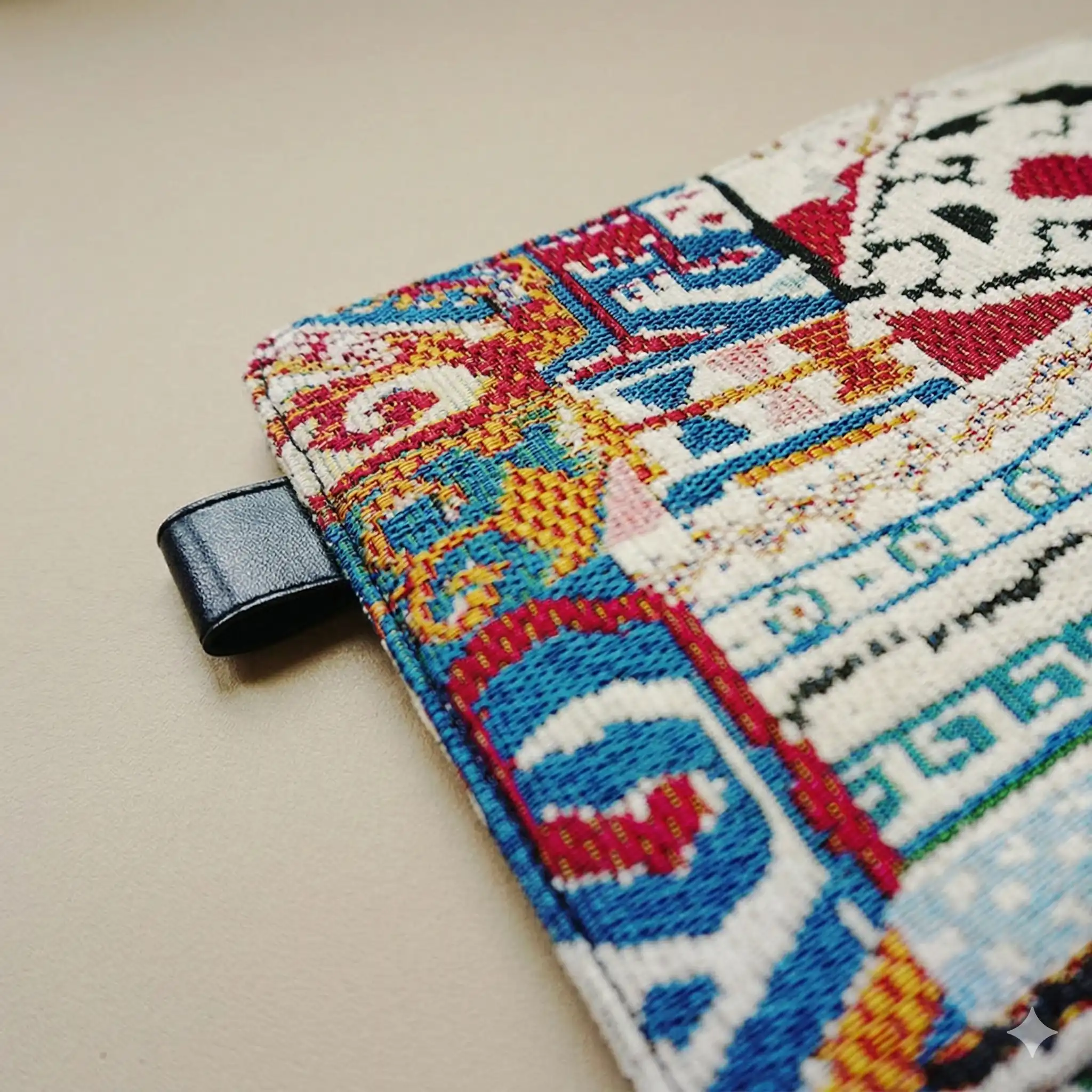 Detailed close-up of the black leather pen loop and woven texture of the Hobonichi compatible tapestry cover.