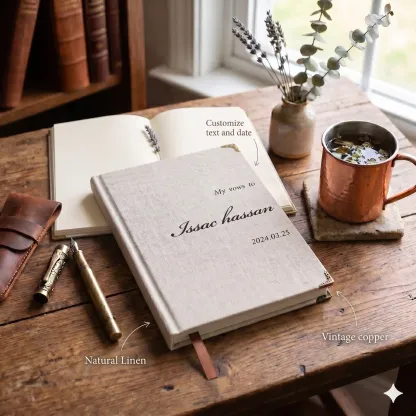 Custom text linen wedding journal with blank pages, vintage copper corners, and writing accessories