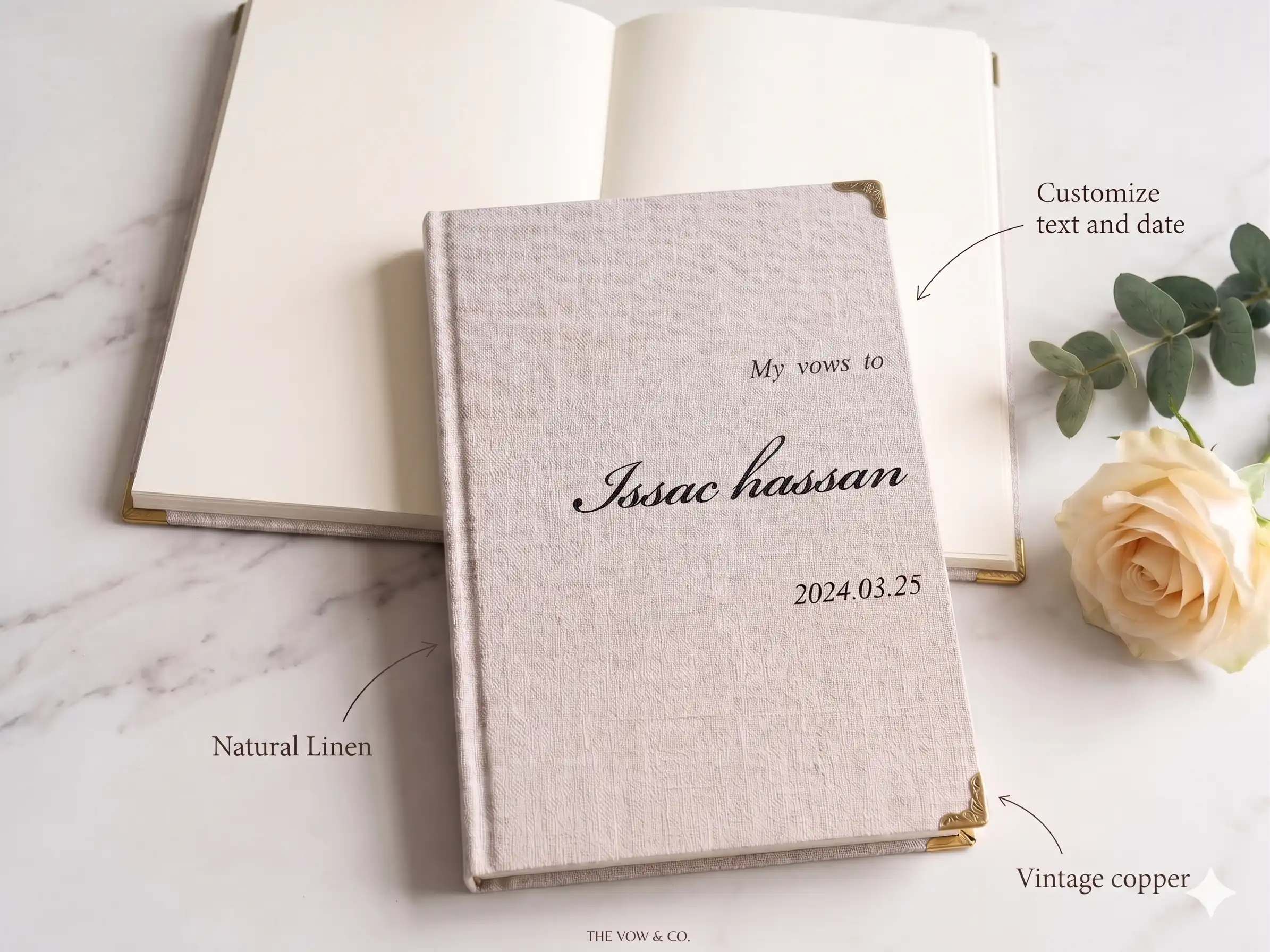 Custom text wedding journal with natural linen cover, vintage copper corners, and blank pages