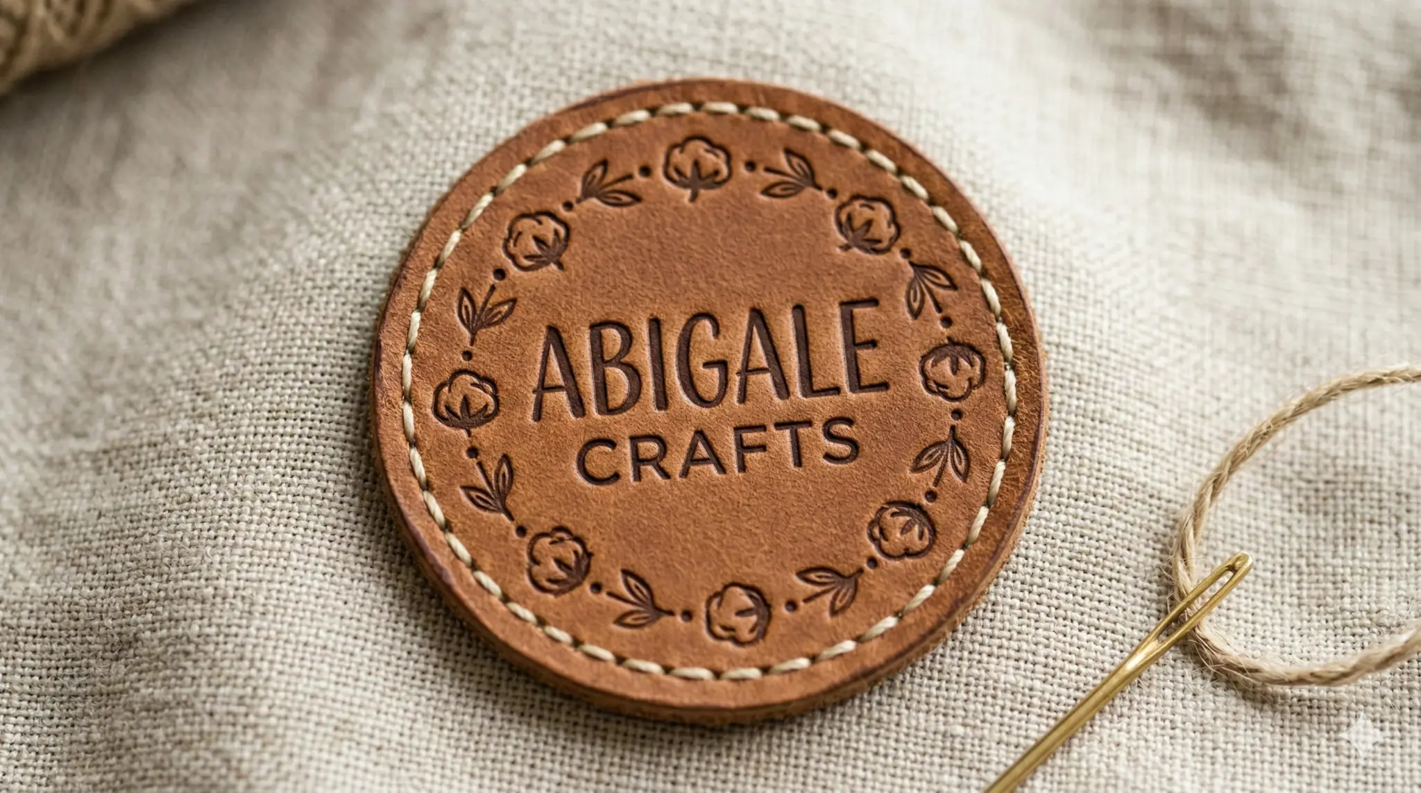 {"default":"Abigale Crafts round leather logo tag featuring a cotton flower wreath design"}
