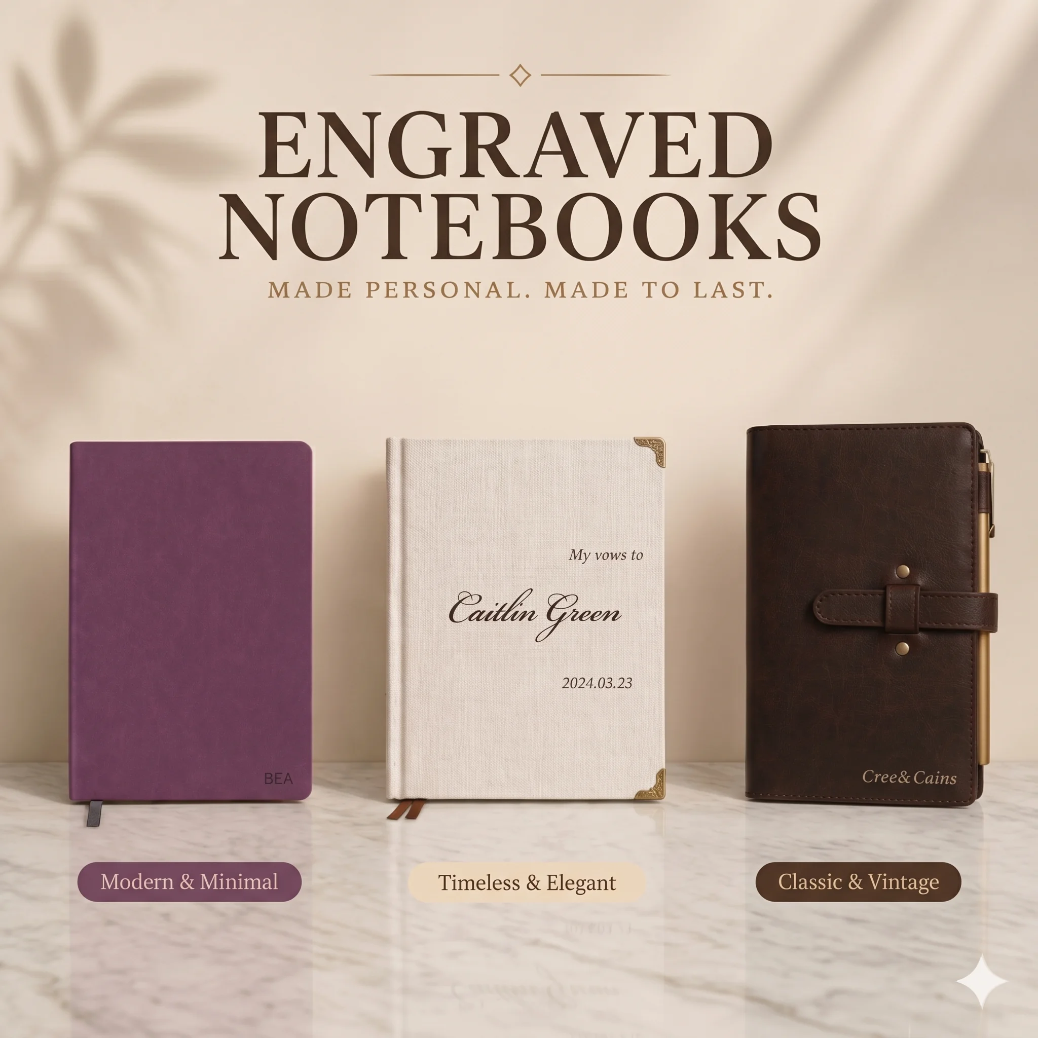 Custom engraved A5 notebooks and journals with personalized names and dates on fabric and leather covers.