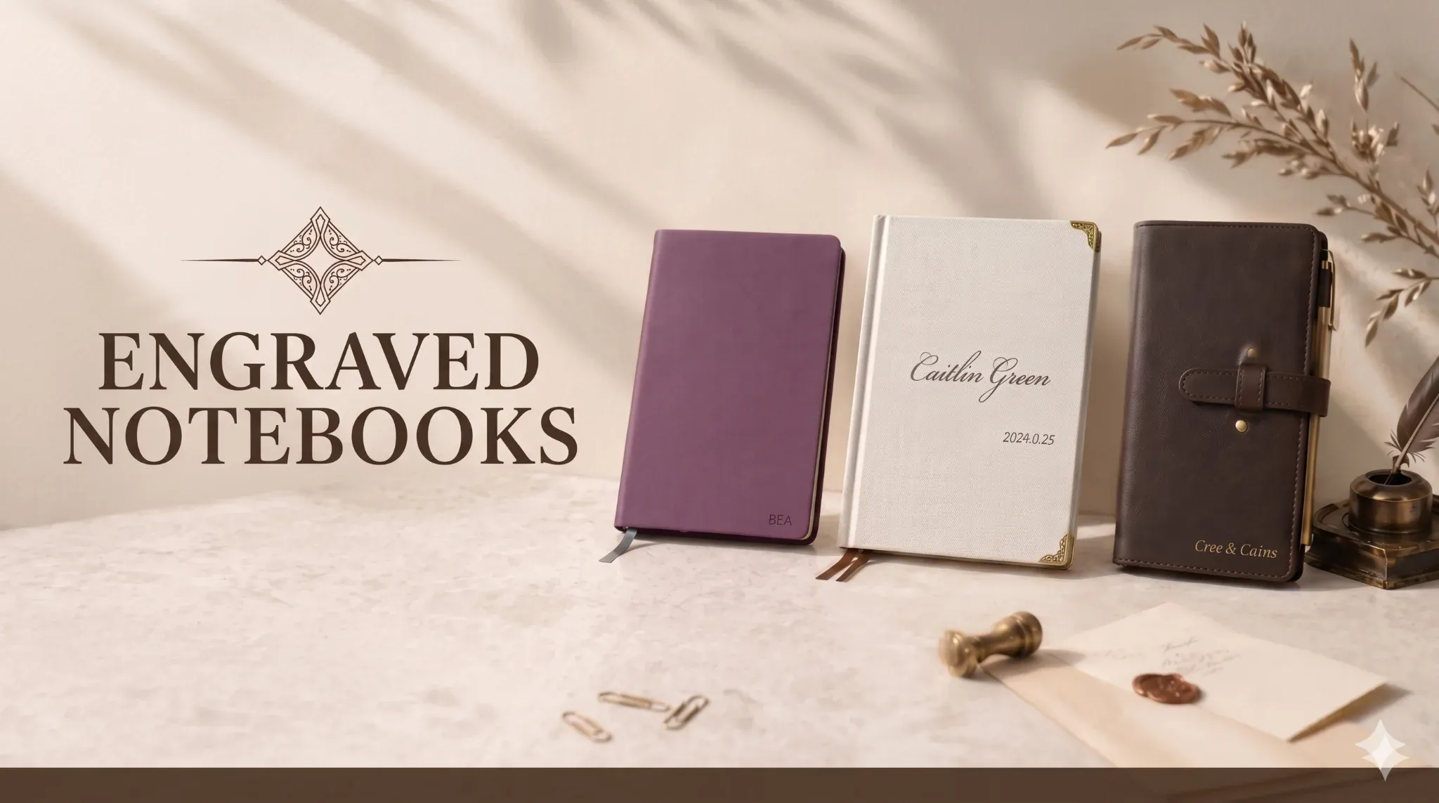 Hero image for a boutique stationery store specializing in custom engraved notebooks, including A5 journal covers with minimalist and classic designs on a marble background.