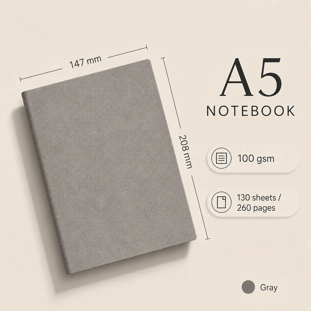 Gray A5 vegan leather notebook with size dimensions