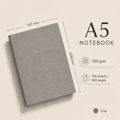 Gray A5 vegan leather notebook with size dimensions