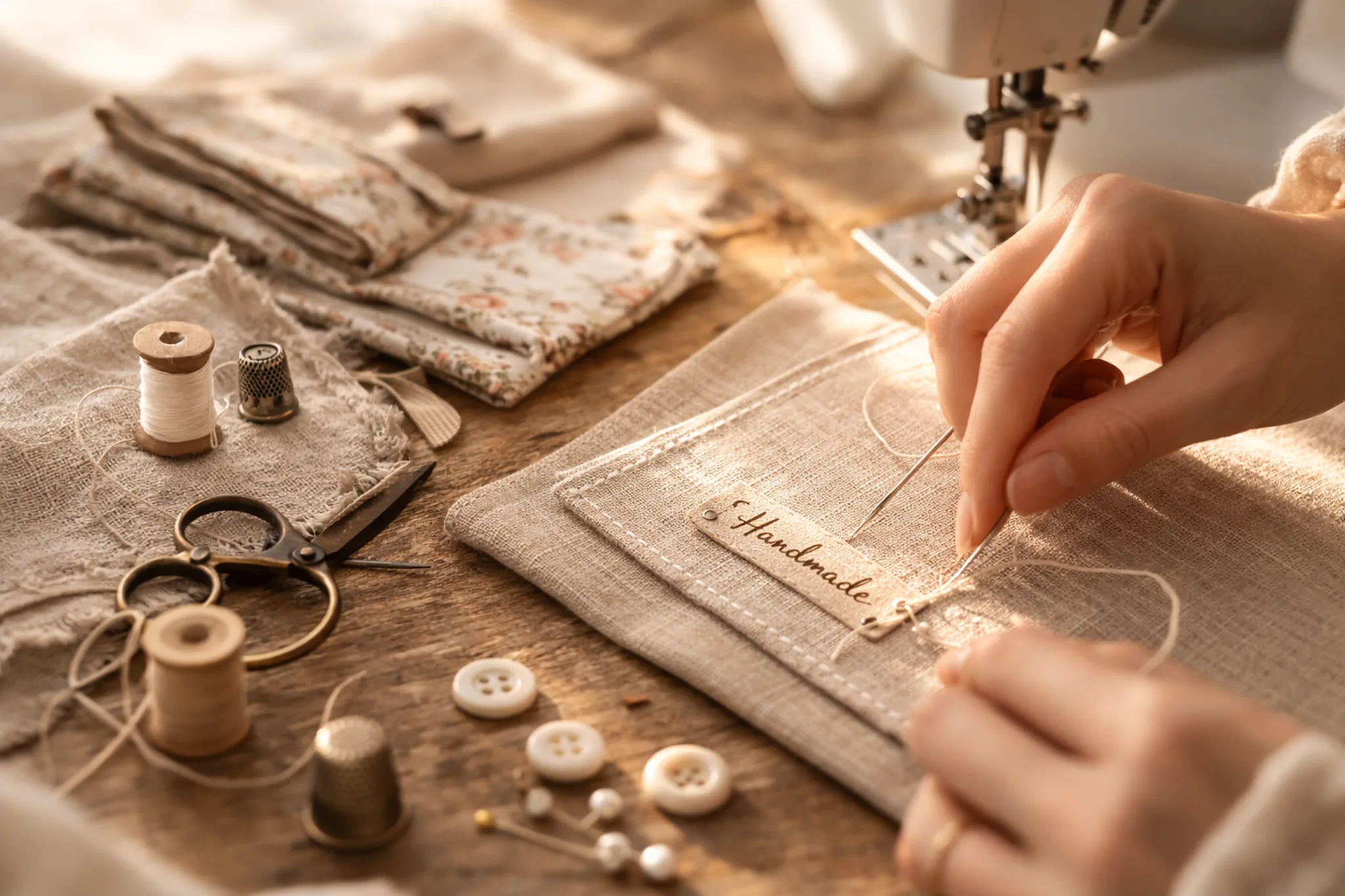 {"default":"Close-up of artisan hand-stitching a 'Handmade' label onto a natural linen fabric cover."}
