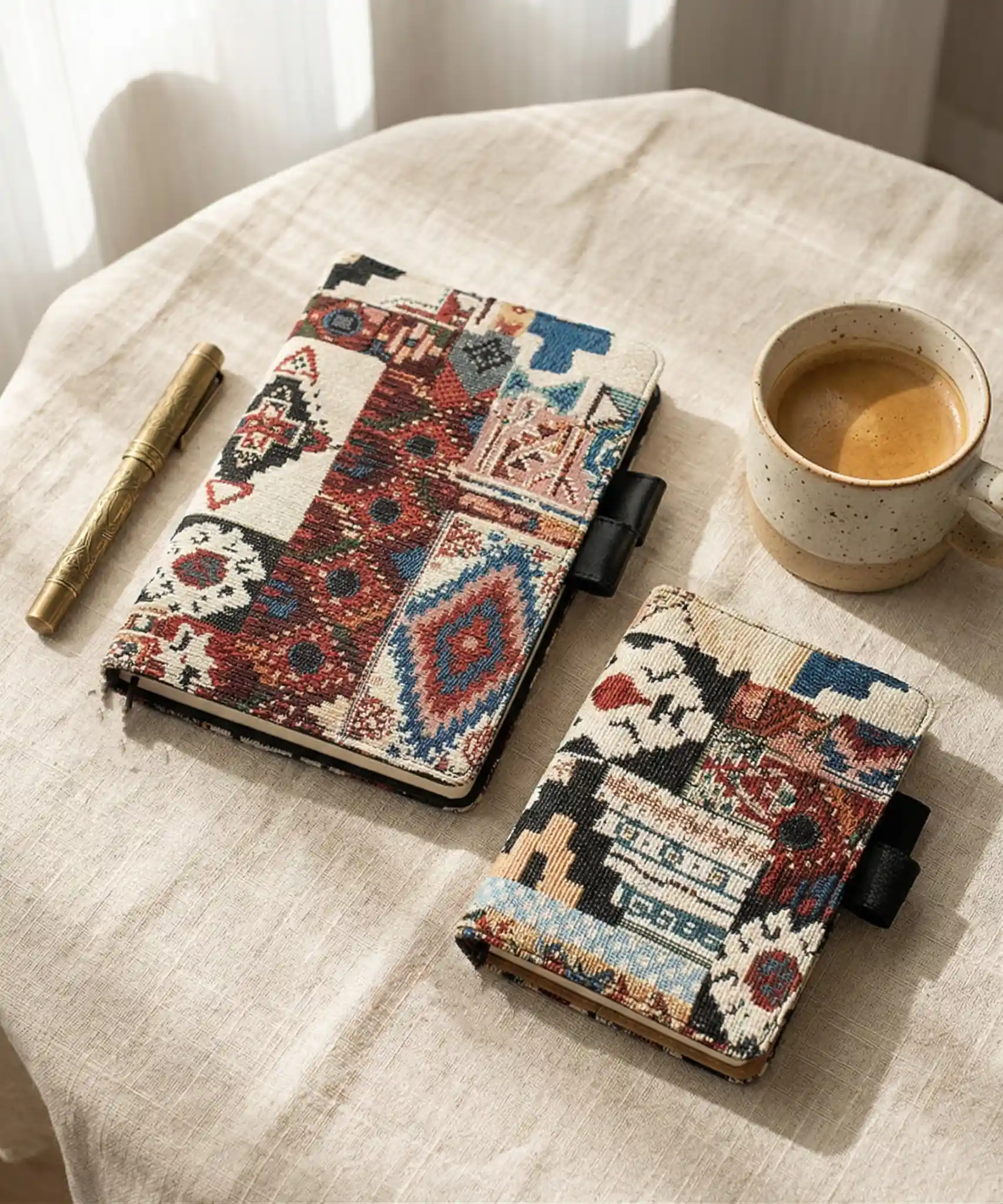 A set of ethnic woven journal covers in A5 and A6 sizes, compatible with Hobonichi Techo, on a warm linen background.