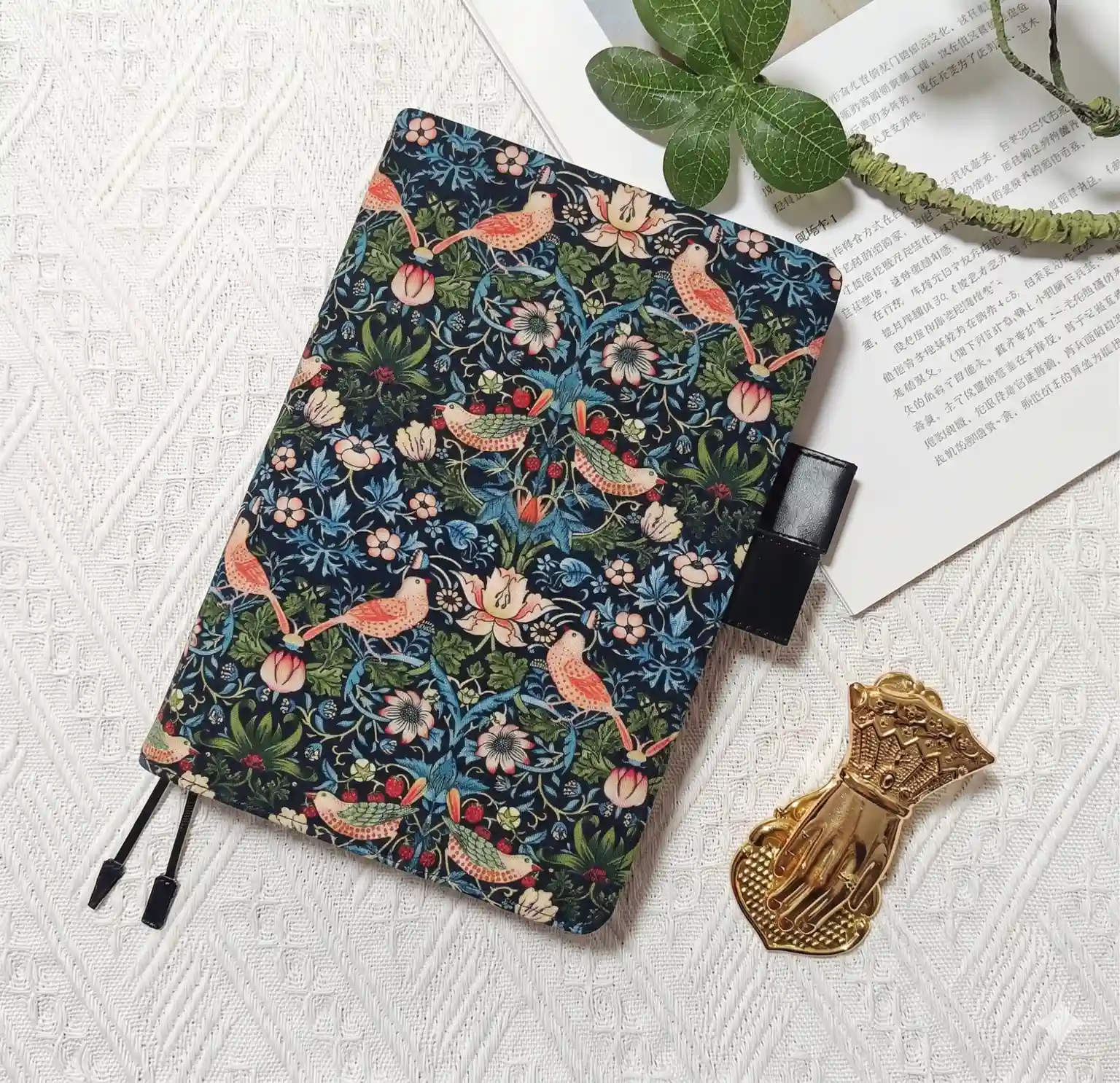 Fits Hobonichi A5 Cousin journal cover displayed with golden brass stationery accessories and greenery.