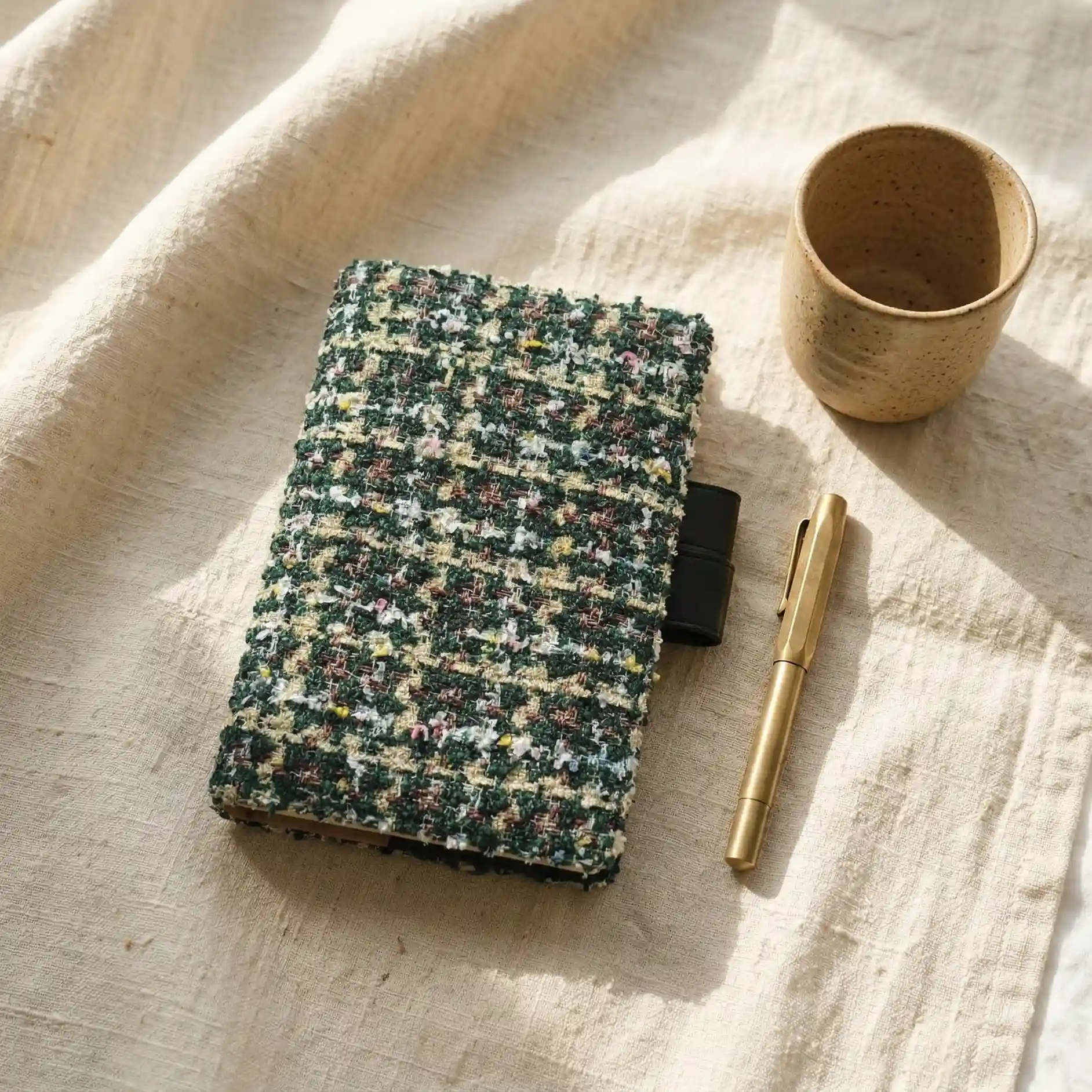 Hobonichi planner on linen with vintage brass pen and ceramic coffee mug.