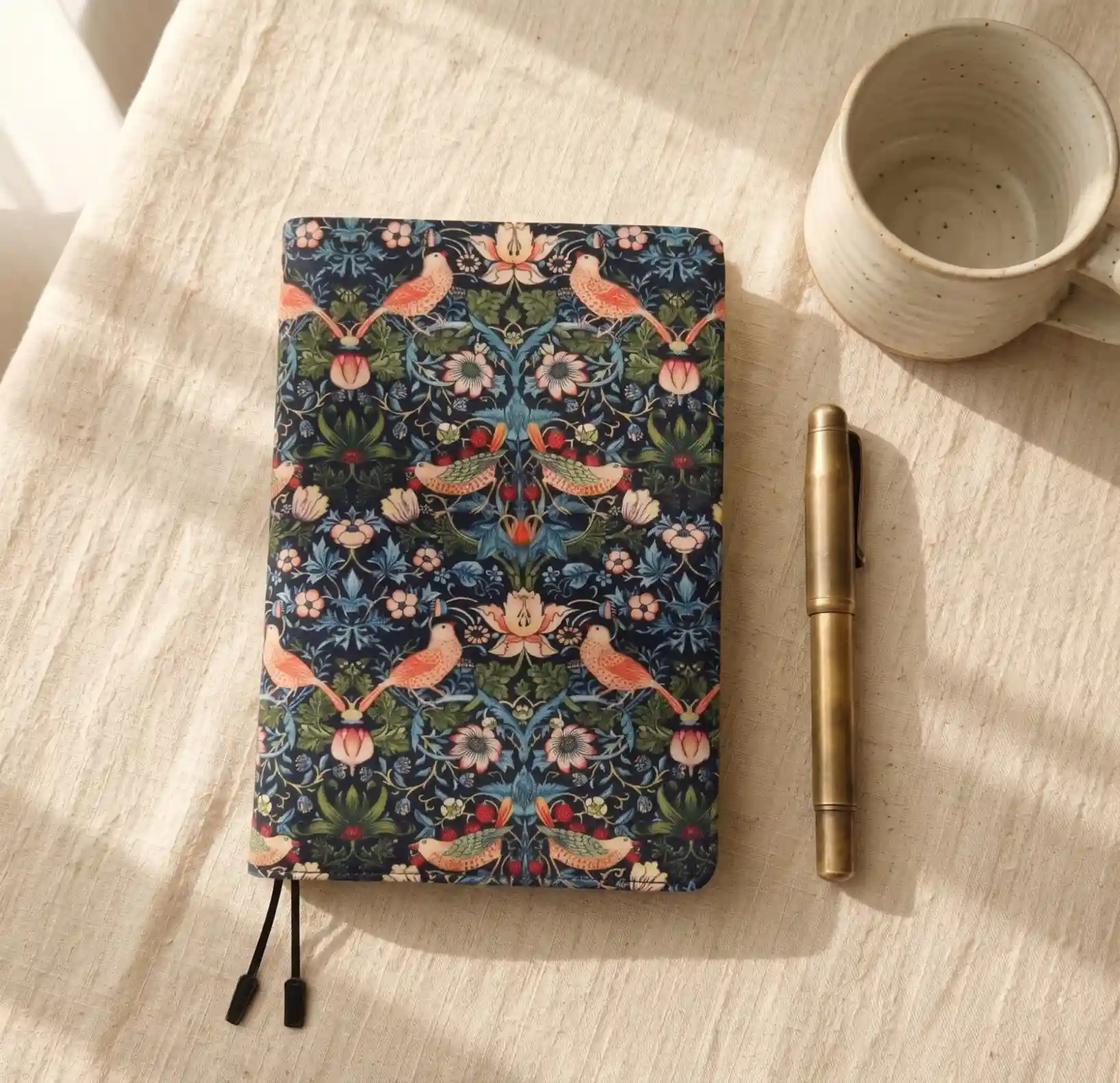 Lifestyle shot of a Hobonichi-compatible A5 cover on linen cloth with a brass pen and a cup of morning coffee