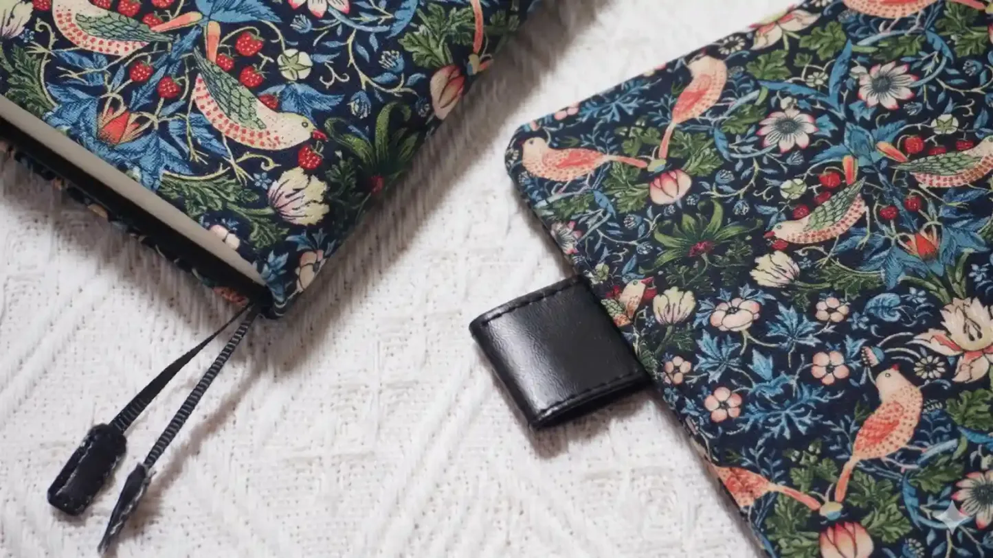 Close-up of black leather pen loop and ribbon bookmarks on a fabric cover compatible with Hobonichi system.