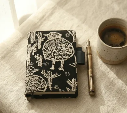 Bird embroidered fabric cover for Hobonichi A5 Cousin and A6 Techo notebook