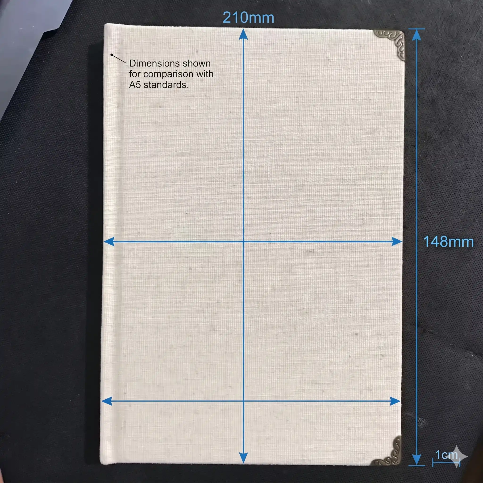 A5 linen wedding vow book size guide showing 210mm by 148mm dimensions