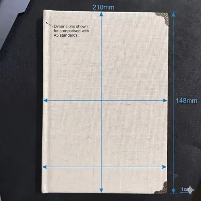 A5 linen wedding vow book size guide showing 210mm by 148mm dimensions