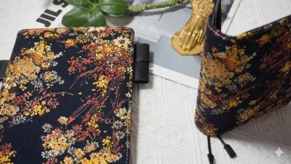 A curated stationery display featuring the Midnight Meadow cover series, styled for creatives and stationery collectors. Shows how the fabric cover fits seamlessly into a high-end, organized workspace