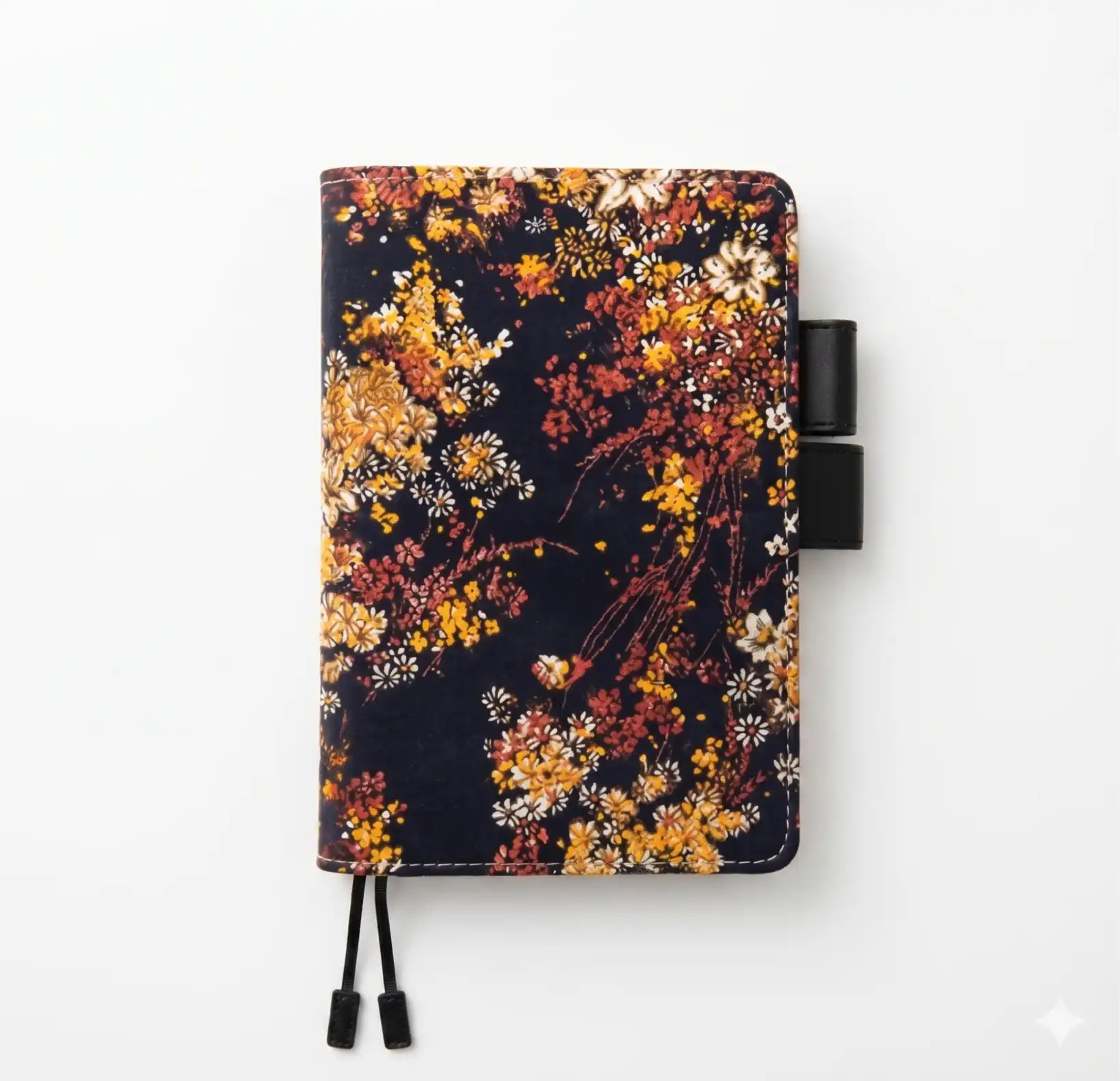 Minimalist product shot of the floral Hobonichi Techo cover on a seamless white background. It fits standard A6 Original notebooks perfectly, featuring dual bookmarks and a functional butterfly-style pen loop