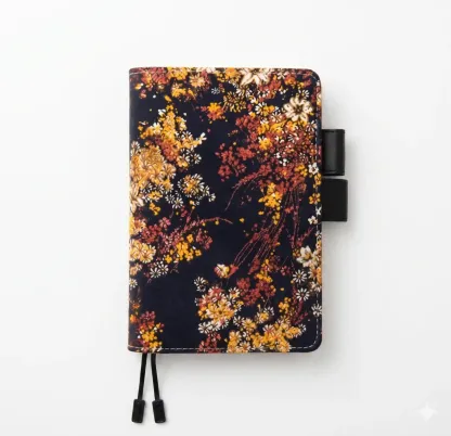 Minimalist product shot of the floral Hobonichi Techo cover on a seamless white background. It fits standard A6 Original notebooks perfectly, featuring dual bookmarks and a functional butterfly-style pen loop