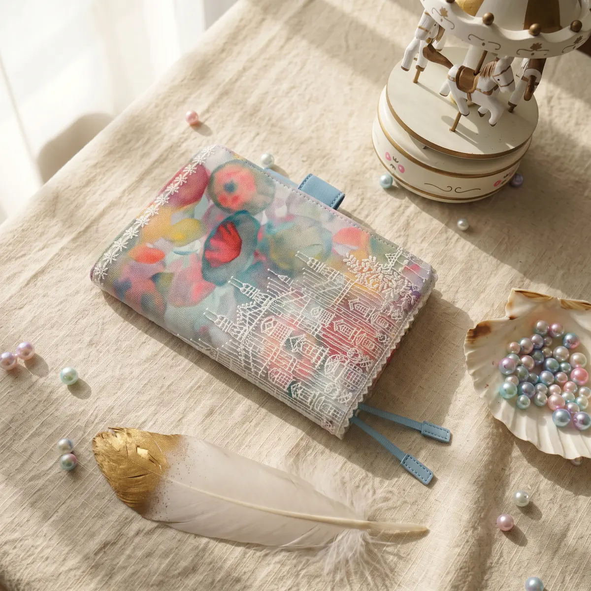 Angled view of pastel floral castle embroidered fabric cover for Hobonichi planner