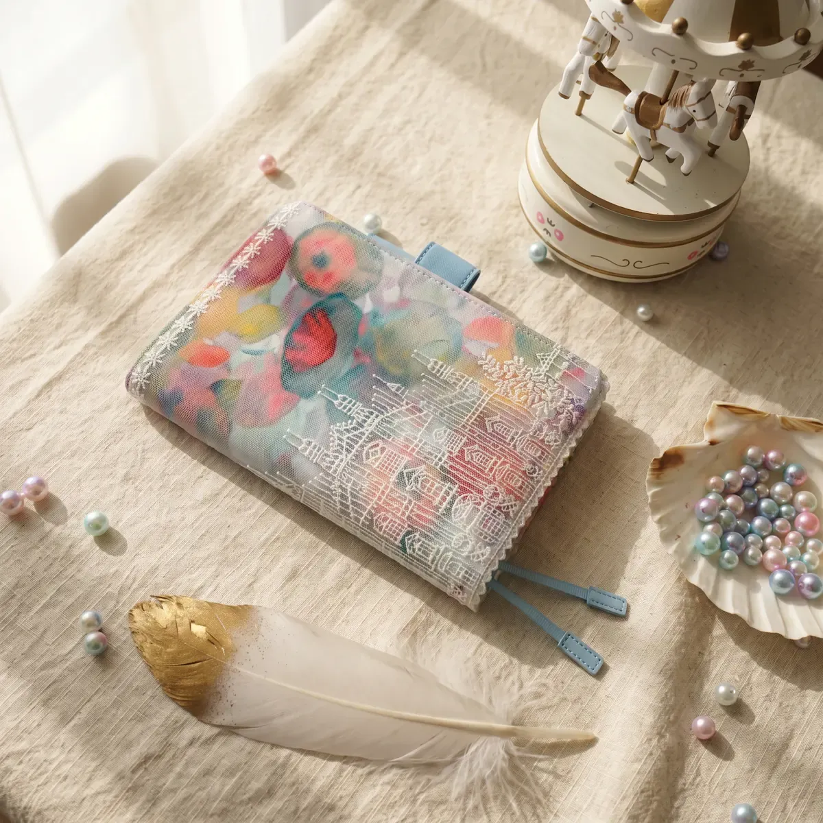 Angled view of pastel floral castle embroidered fabric cover for Hobonichi planner