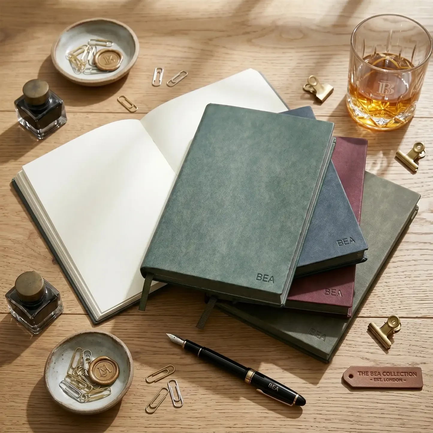 Personalized A5 vegan leather journal gift set with vintage desk accessories