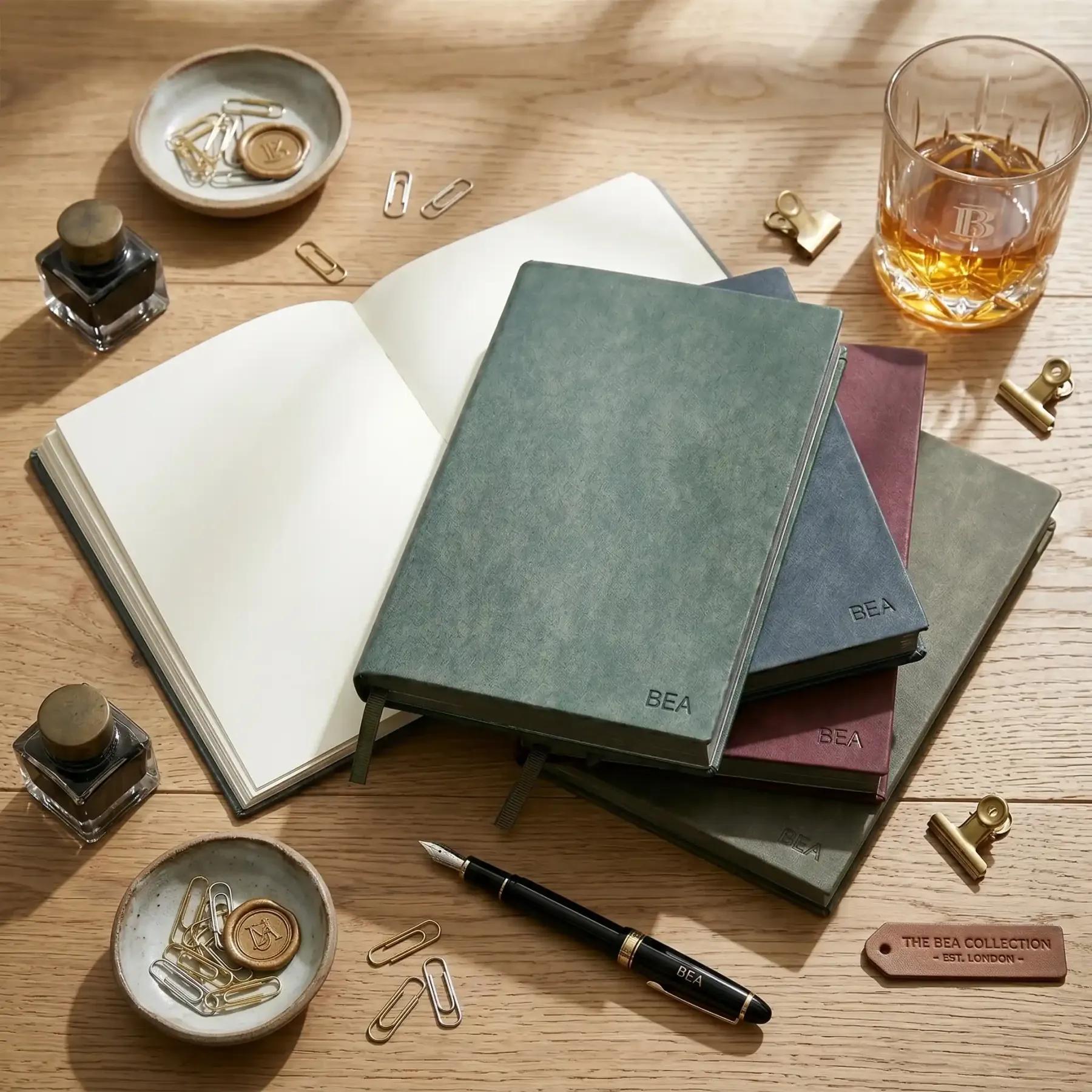Personalized A5 vegan leather journal gift set with vintage desk accessories