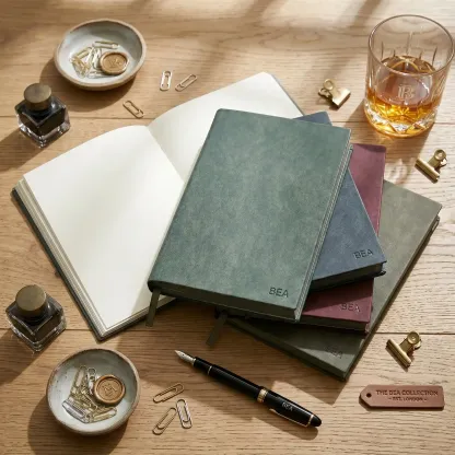 Personalized A5 vegan leather journal gift set with vintage desk accessories