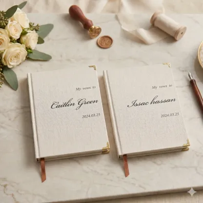 Personalized bride and groom wedding vow book set with names, date, ribbons, and gold corner details