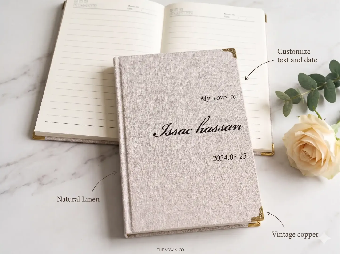 Personalized linen wedding journal showing lined inner pages and custom cover text