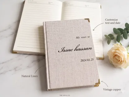 Personalized linen wedding journal showing lined inner pages and custom cover text