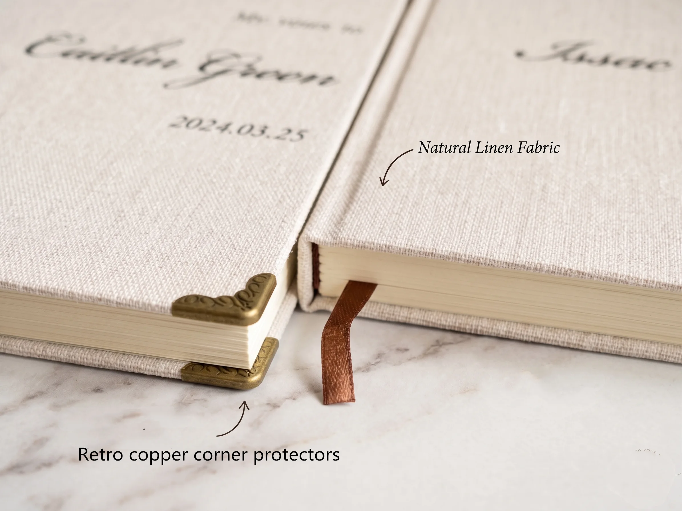 Personalized linen wedding vow books highlighting natural linen fabric and retro copper corner protectors