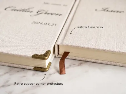 Personalized linen wedding vow books highlighting natural linen fabric and retro copper corner protectors