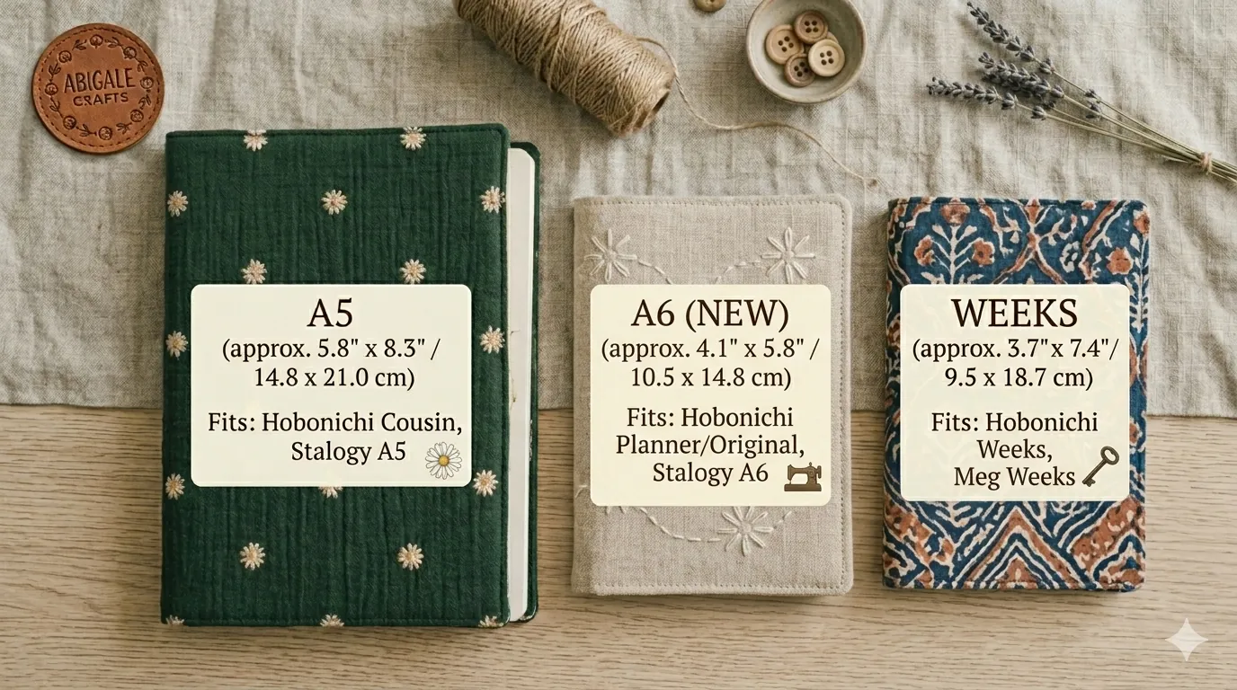 {"default":"comparison of A5, A6, and Weeks size fabric covers for Hobonichi, Stalogy, and Midori MD."}
