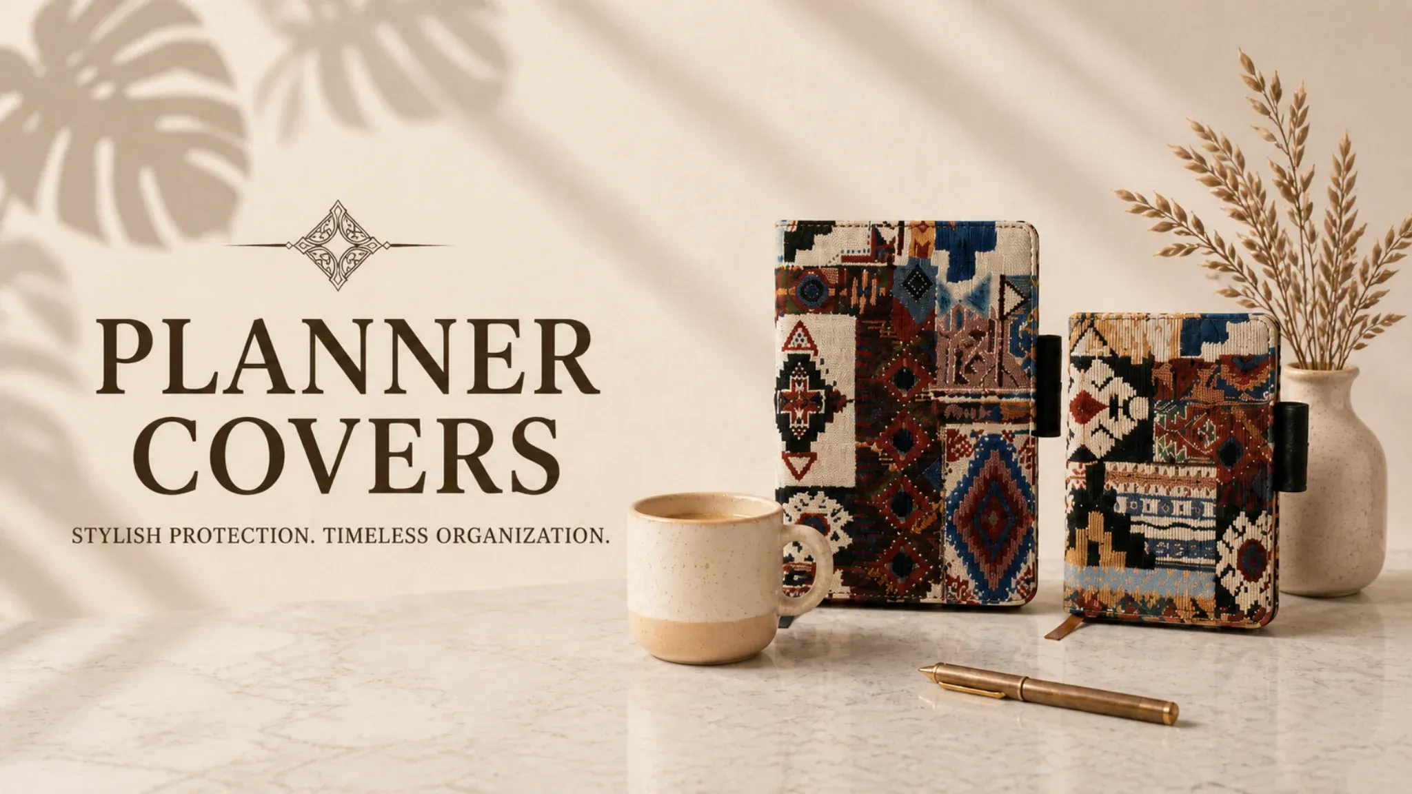 Aesthetic handmade fabric planner covers and A5 A6 journal protectors with vintage patterns, displayed on a marble desk with a coffee mug and stationery.