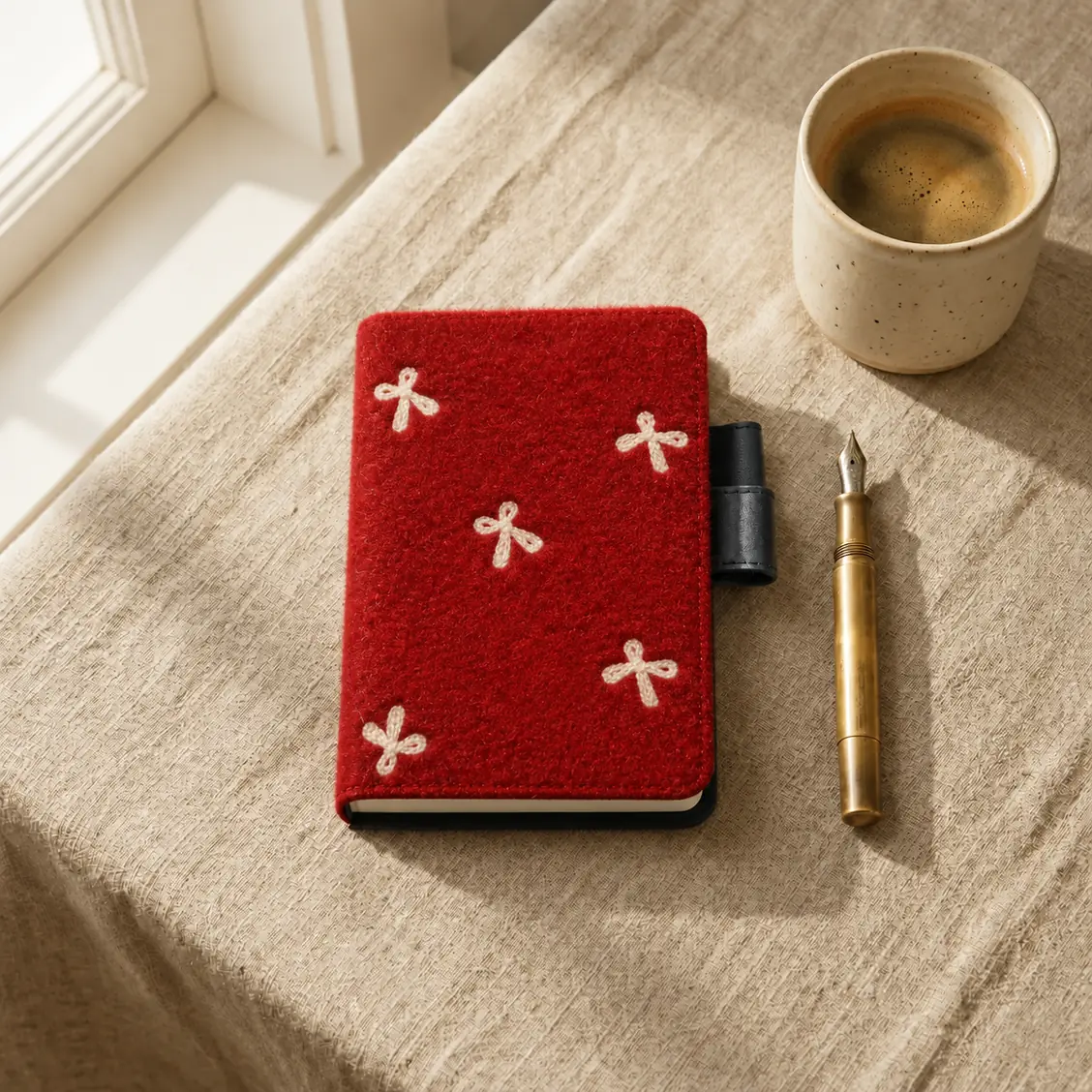 Red planner cover with cream bow motifs and black pen loops beside a gold fountain pen and a cup of coffee.