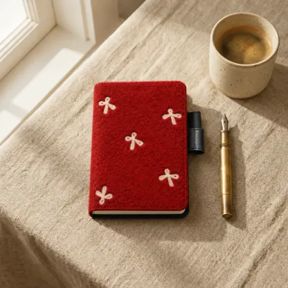 Red planner cover with cream bow motifs and black pen loops beside a gold fountain pen and a cup of coffee.