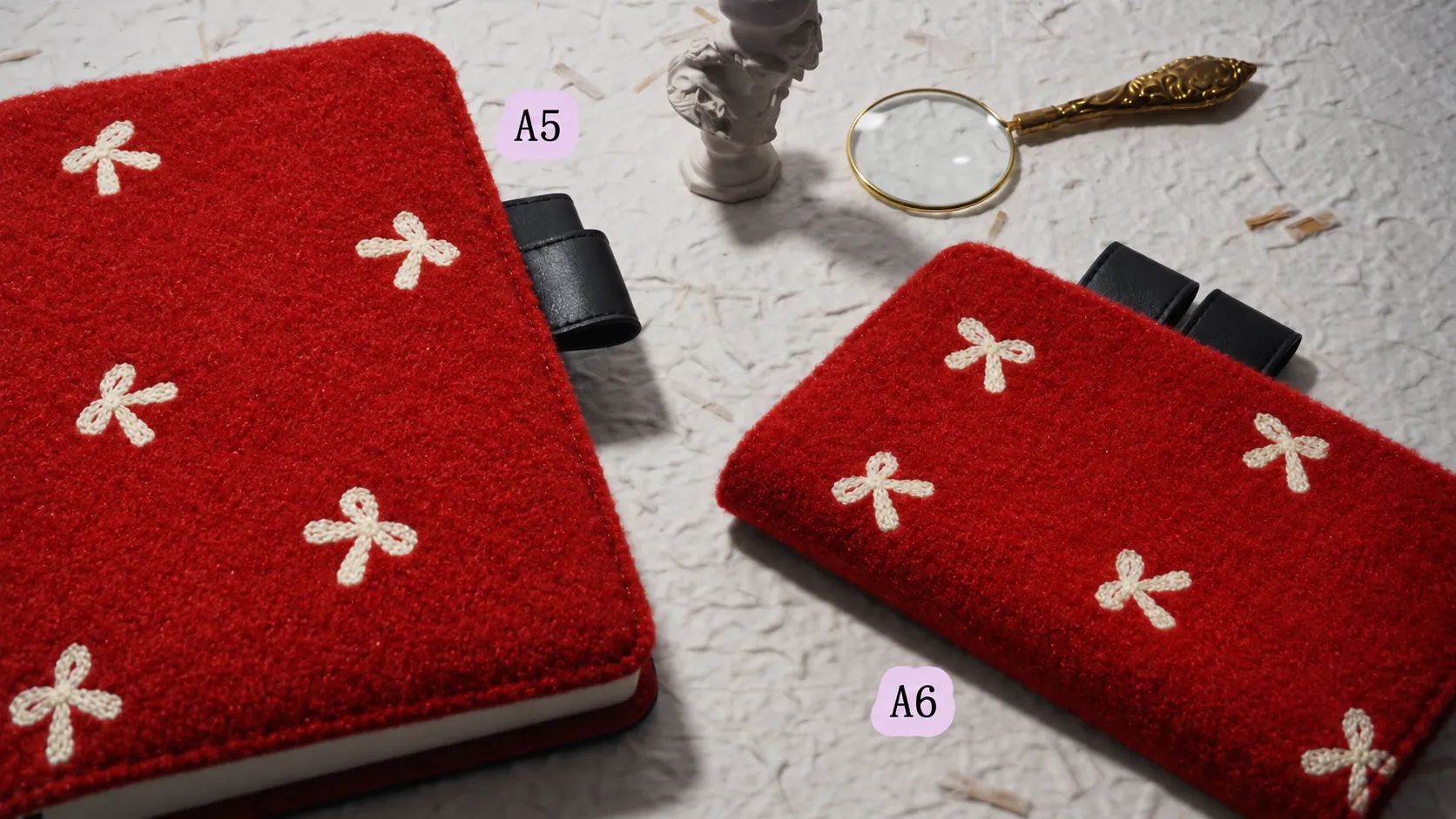 Two red planner covers with cream bow motifs and black pen loops, shown side by side with A5 and A6 labels.