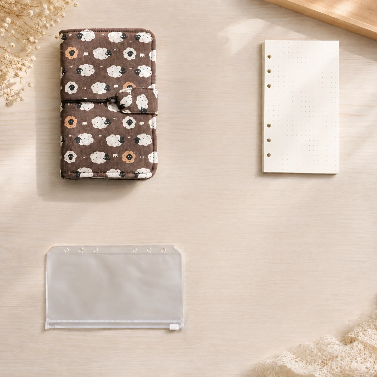 Sheep print budget binder set with dotted refill paper and zipper pouch