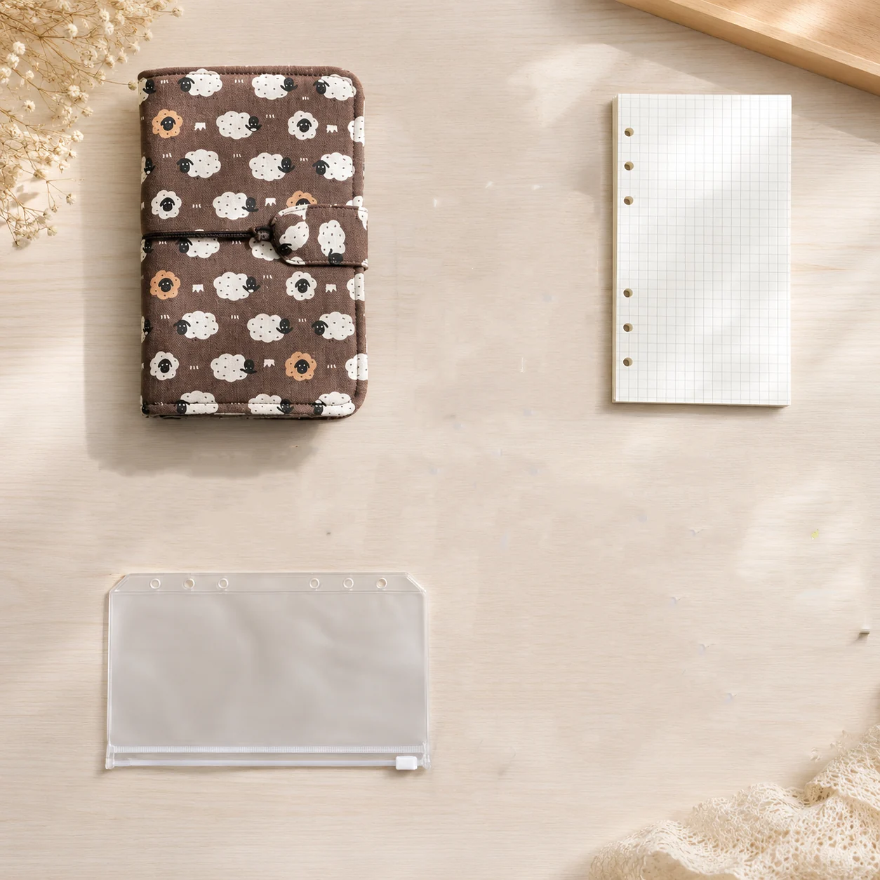 Sheep print budget binder set with grid refill paper and zipper pouch