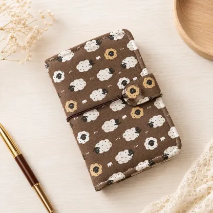 Sheep print fabric savings binder cover with cord closure front view