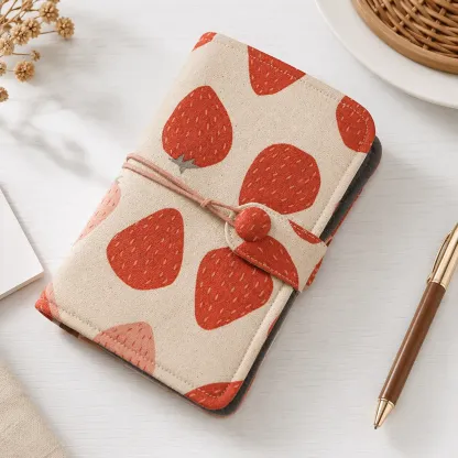 Strawberry fabric budget binder cover with cord closure front view