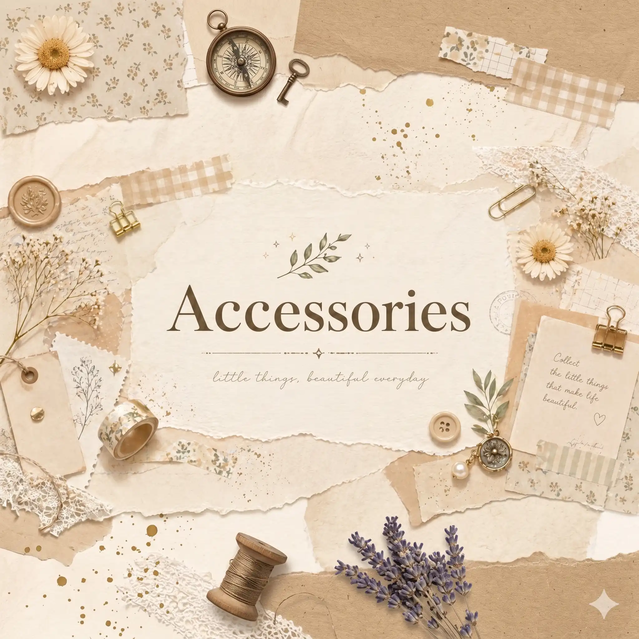 Vintage aesthetic scrapbooking and journaling accessories including washi tape, stamps, and dried flowers in a neutral beige flatlay, featuring the text "Accessories - little things, beautiful everyday".