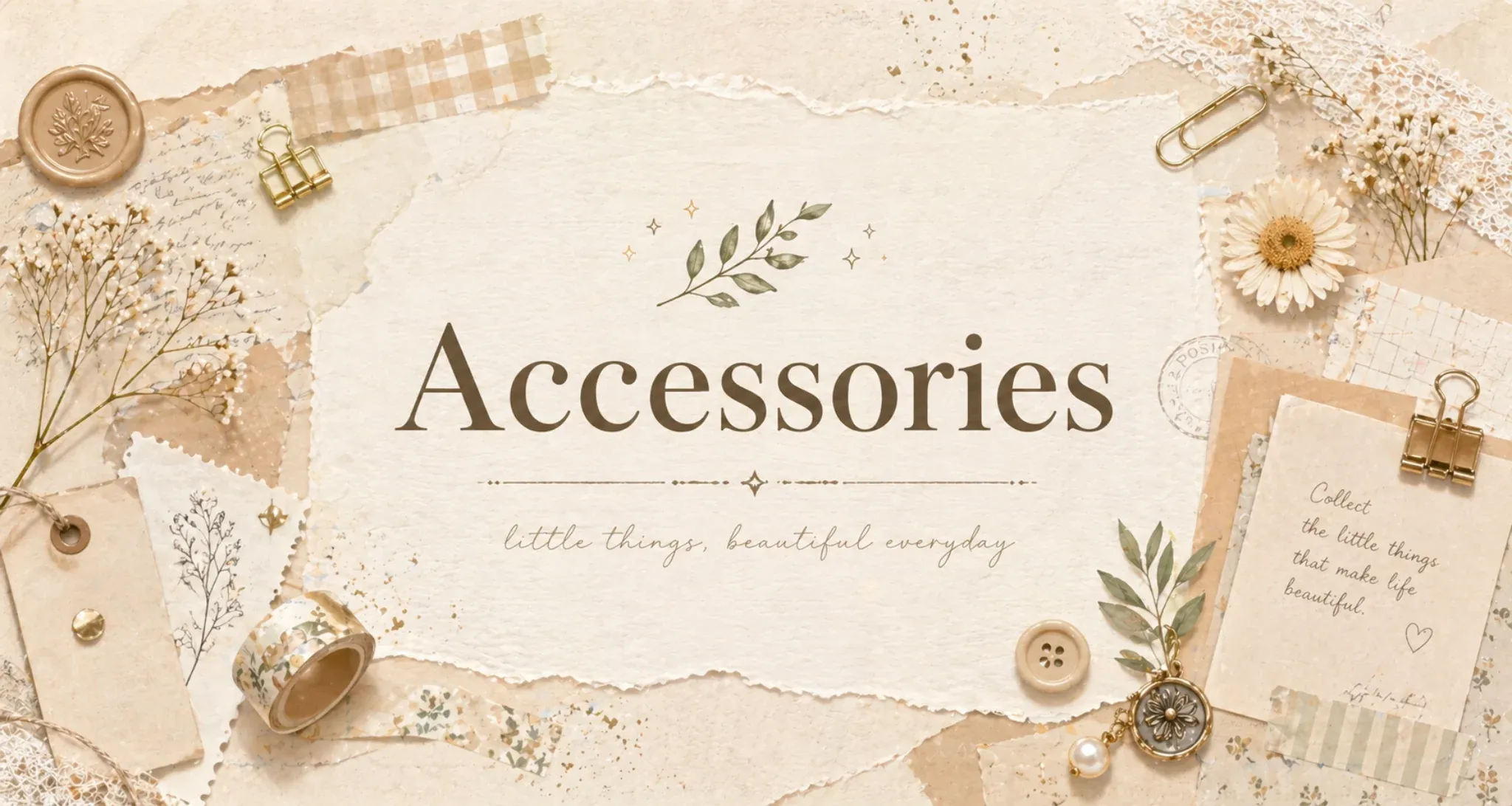 Vintage-style stationery accessories collection including washi tapes, wax seals, and aesthetic paper ephemera for journaling and scrapbooking.