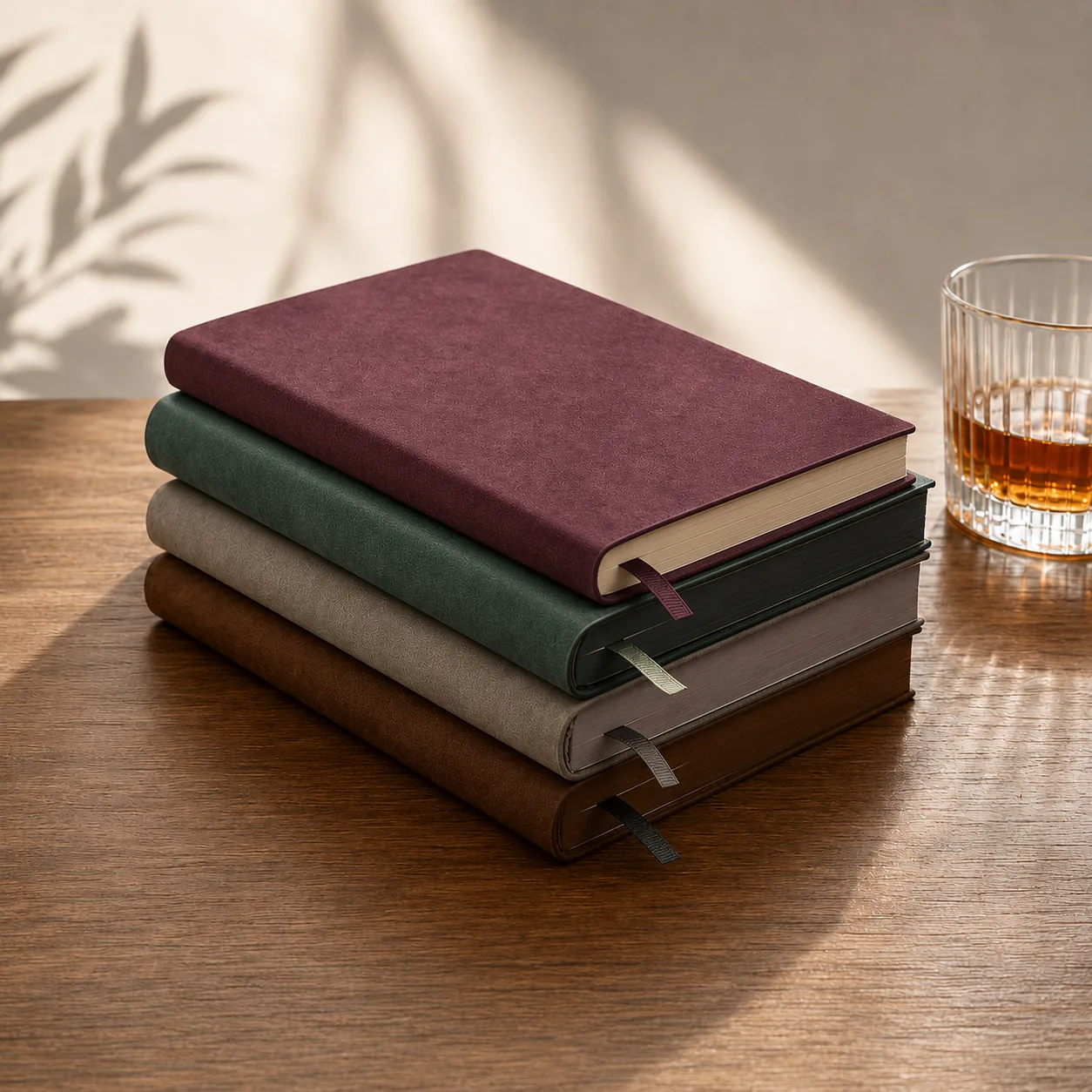Vintage vegan leather journal stack with burgundy cover on top
