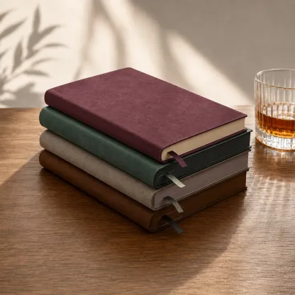 Vintage vegan leather journal stack with burgundy cover on top