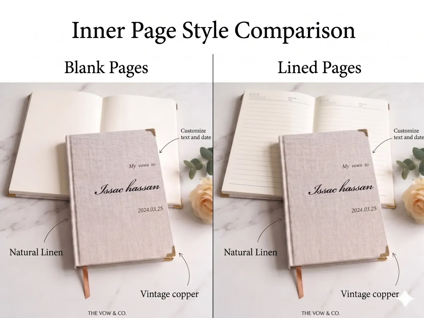 Blank and lined page options for personalized linen wedding vow book