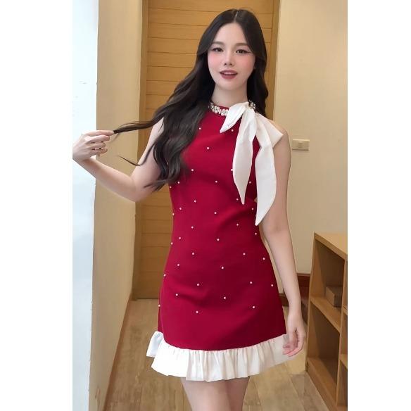 【Karlyn】 FZ-CC-G96# เดรสผ้าสูท(ผ้าไม่ยืด) ลูกคุณหนู ปั้มหมุดมุก ประดับโบว์ สุดหรูถอดออกได้