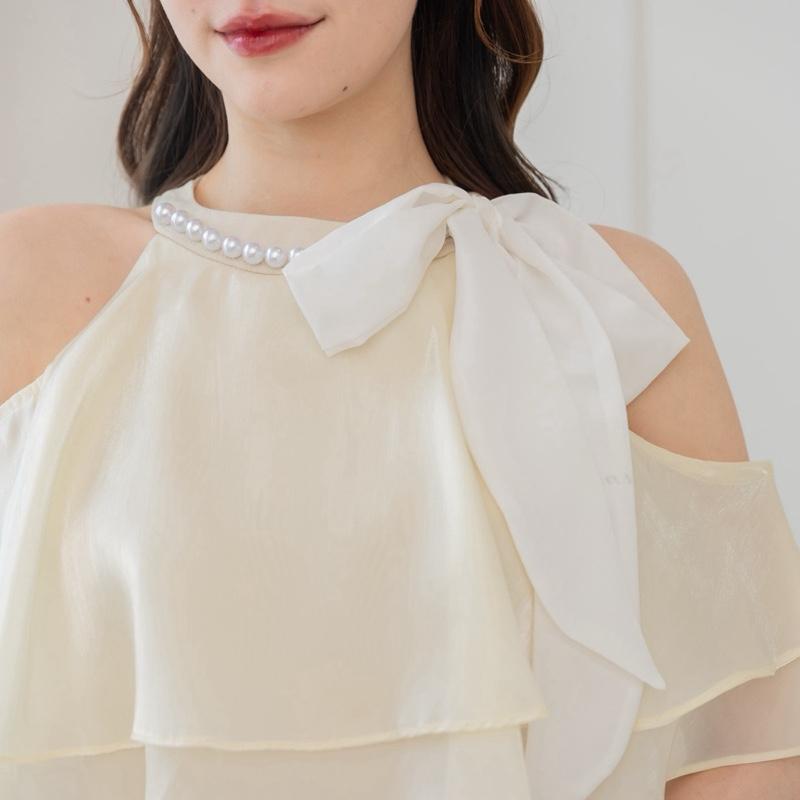 【Karlyn】FZ-CC-H76# เดรสงานแต่ง เดรสผ้าสูท(ผ้าไม่ยืด) แต่งระบายผ้าแก้วมันวาว ดีเทลมุกผูกโบว์ สวยหรู ใส่ได้หลายโอกาส