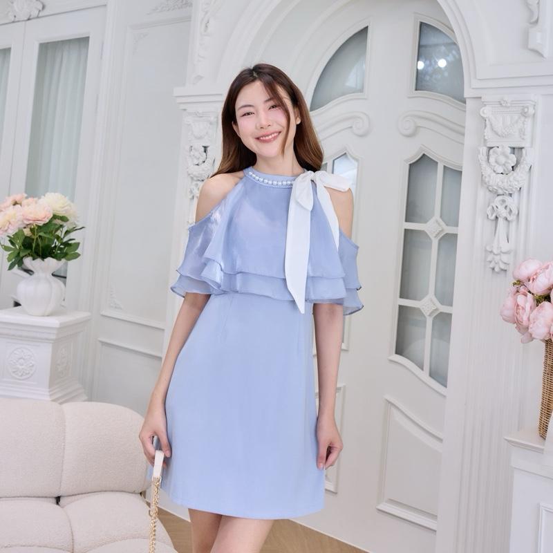 【Karlyn】FZ-CC-H76# เดรสงานแต่ง เดรสผ้าสูท(ผ้าไม่ยืด) แต่งระบายผ้าแก้วมันวาว ดีเทลมุกผูกโบว์ สวยหรู ใส่ได้หลายโอกาส