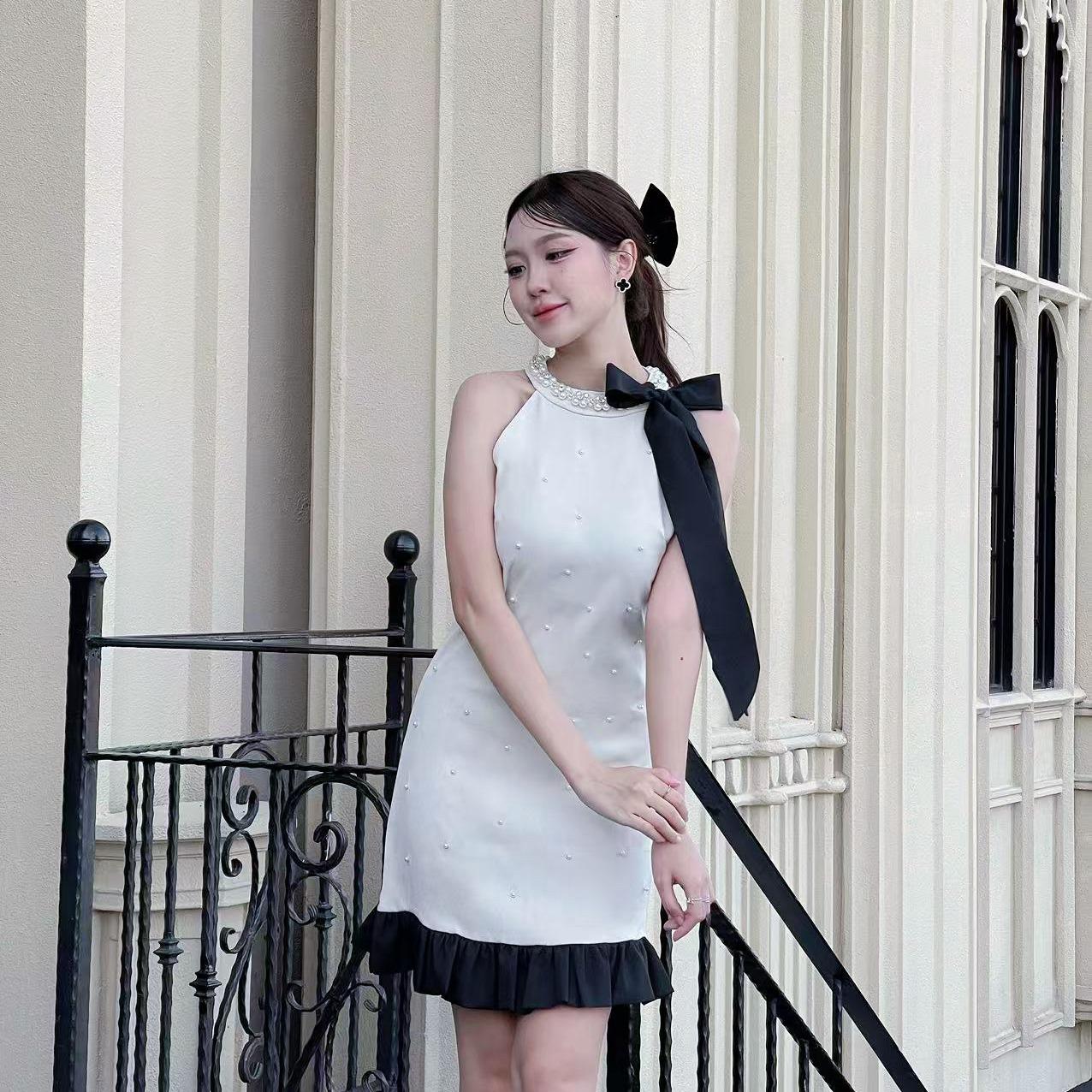 【Karlyn】 FZ-CC-G96# เดรสผ้าสูท(ผ้าไม่ยืด) ลูกคุณหนู ปั้มหมุดมุก ประดับโบว์ สุดหรูถอดออกได้