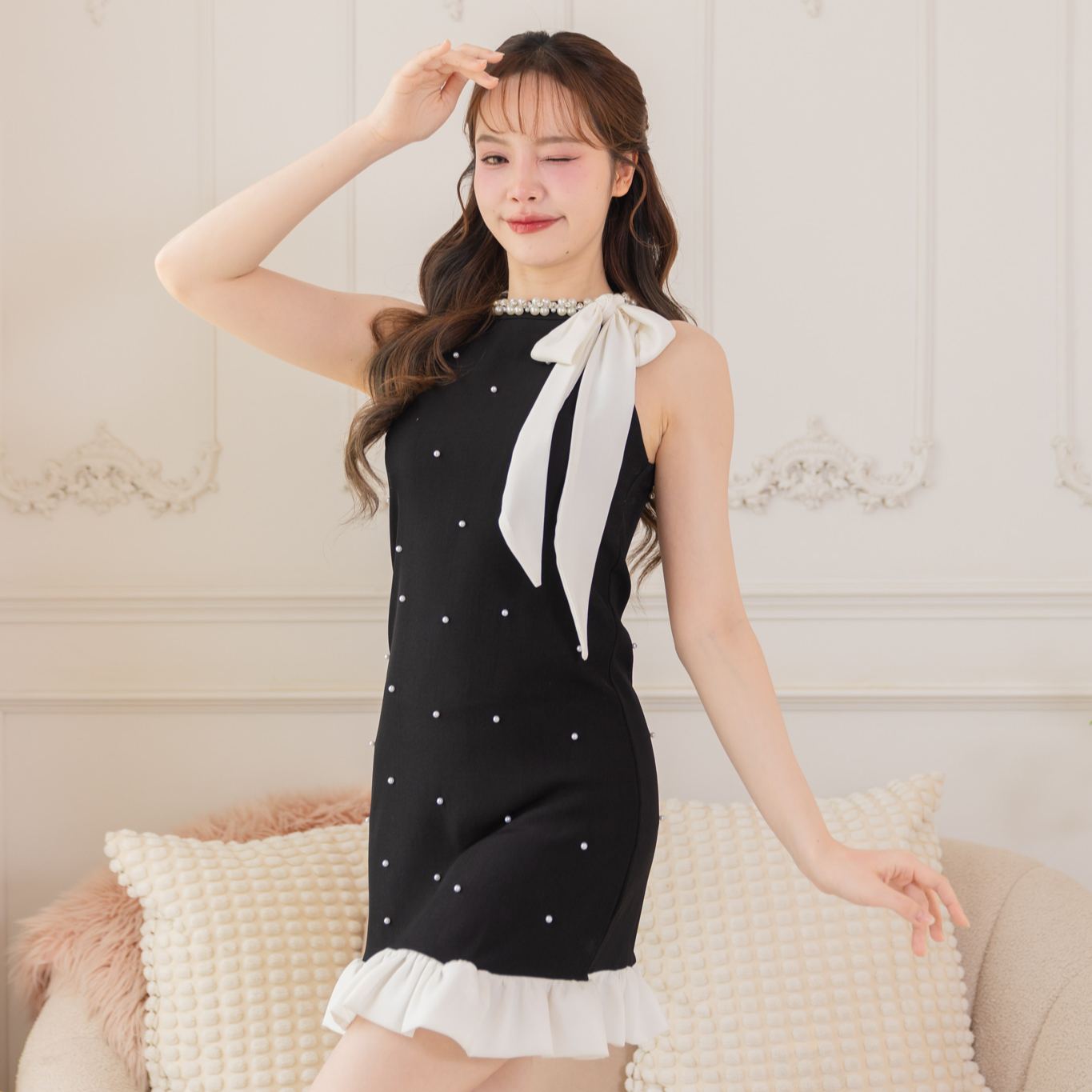 【Karlyn】 FZ-CC-G96# เดรสผ้าสูท(ผ้าไม่ยืด) ลูกคุณหนู ปั้มหมุดมุก ประดับโบว์ สุดหรูถอดออกได้